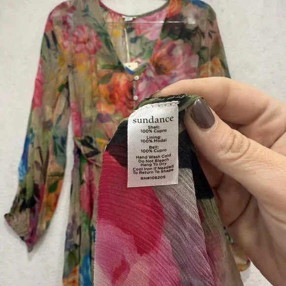 Sundance Dress Womens XS Multicolor Floral Maxi Sheer Button Front Tie Waist - Picture 7 of 8